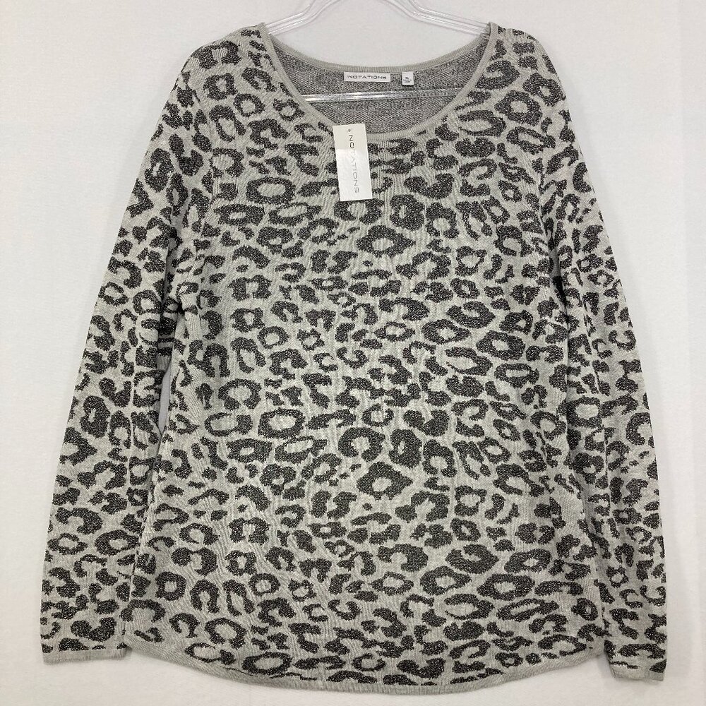 New Notations size XL Gray Leopard Print Stretch Comfy Relaxed Light Sweater